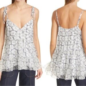 Cinq À Sept Esther Floral Ruffle Hem Sleeveless Silk Top Ivory/navy Size Medium